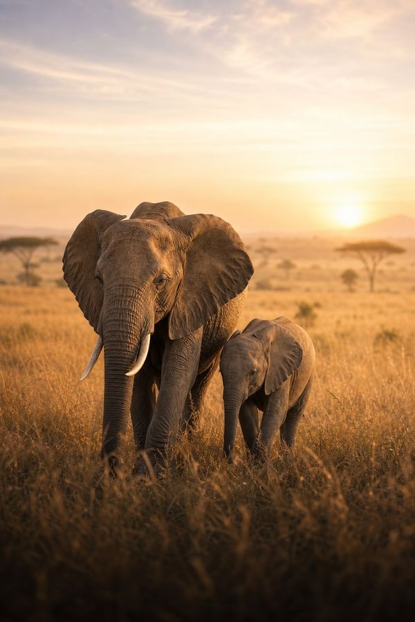 Elephants walking through golden Masai Mara grass
